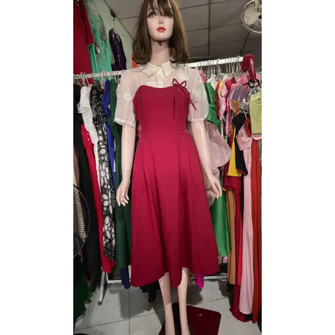 Đầm Cổ Sơ Mi Tay Ngắn Vải cát hàn Phối Ren Hoa Cao Cấp Thiết Kế Đi Dự Tiệc Xinh Đẹp Size SML, 2 bên eo có bo chun