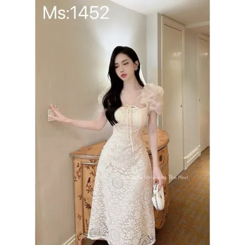 Đầm ren phối ren xoè dài hoa cúc tay tơ bồng nhún Màu kem Hàng có sẵn giao ngay SM, eo dứoi 70cm mặc đẹp Đúp lót