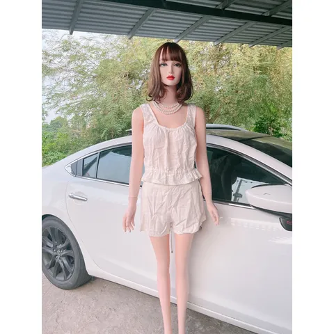 set áo quần dây rút dáng crop trẻ trung Màu kem Hàng có sẵn giao ngay SM Quần có bo chun phía sau co giãn dễ chịu