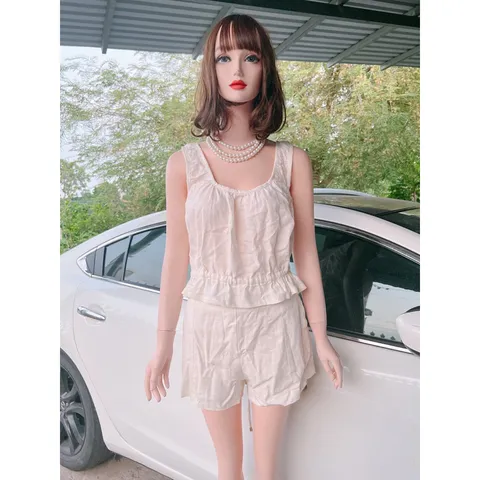 set áo quần dây rút dáng crop trẻ trung Màu kem Hàng có sẵn giao ngay SM Quần có bo chun phía sau co giãn dễ chịu
