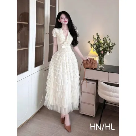 Đầm dáng dài váy ren trắng cổ V cao cấp váy nữ dự tiệc váy tiểu thư hàng loại 1