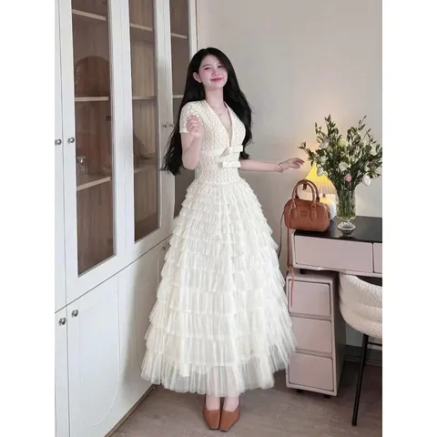 Đầm dáng dài váy ren trắng cổ V cao cấp váy nữ dự tiệc váy tiểu thư hàng loại 1