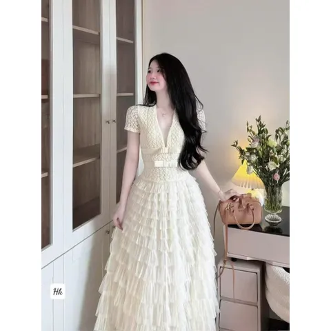 Đầm dáng dài váy ren trắng cổ V cao cấp váy nữ dự tiệc váy tiểu thư hàng loại 1