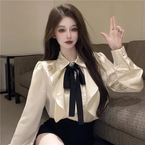 Áo Sơ Mi Dài Tay trắng  Thắt Nơ Phong Cách Pháp Thanh Lịch Dành Cho Nữ Giá 200k Hàng có sẵn giao ngay
