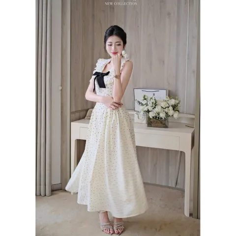 Đầm xinh châm bi nơ ngực dáng maxi Đầm be chấm bi dáng dài tiểu thư cổ bèo đính nơ đen Đầm maxi tiểu thư chấm bi cổ