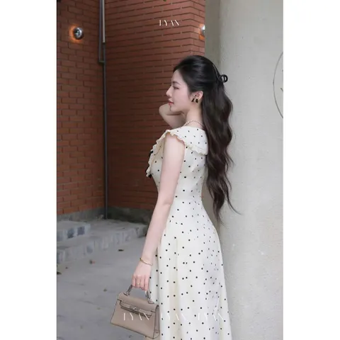 Đầm xinh châm bi nơ ngực dáng maxi Đầm be chấm bi dáng dài tiểu thư cổ bèo đính nơ đen Đầm maxi tiểu thư chấm bi cổ