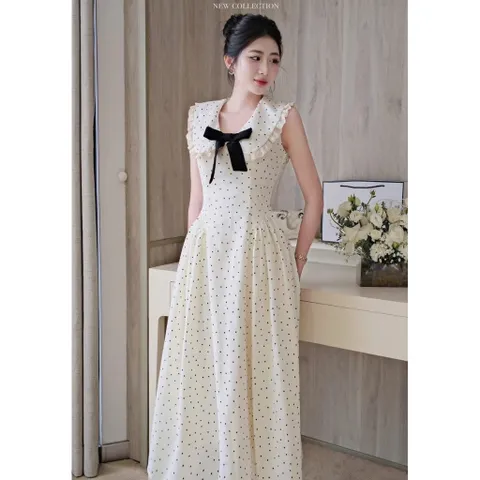 Đầm xinh châm bi nơ ngực dáng maxi Đầm be chấm bi dáng dài tiểu thư cổ bèo đính nơ đen Đầm maxi tiểu thư chấm bi cổ
