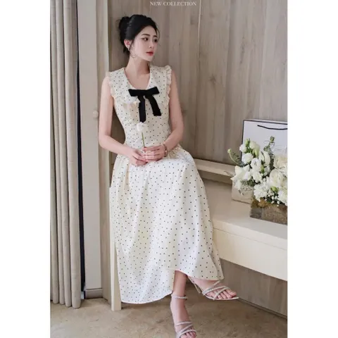 Đầm xinh châm bi nơ ngực dáng maxi Đầm be chấm bi dáng dài tiểu thư cổ bèo đính nơ đen Đầm maxi tiểu thư chấm bi cổ