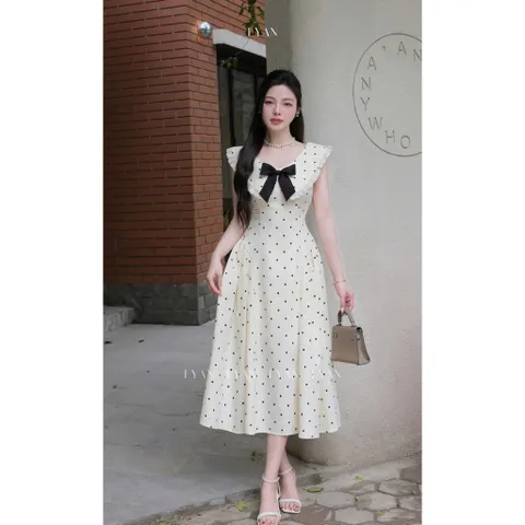 Đầm xinh châm bi nơ ngực dáng maxi Đầm be chấm bi dáng dài tiểu thư cổ bèo đính nơ đen Đầm maxi tiểu thư chấm bi cổ