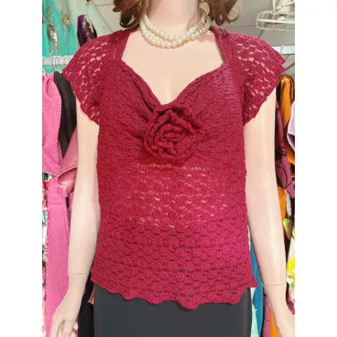 [Bigsize 50-100kg] Áo ren phối hoa tay ngắn Hàng có sẵn giao ngay  Đủ size tới 100kg Màu đỏ đô Giá 220k