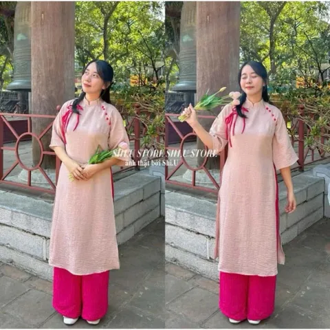 Áo Dài Cách Tân Bigsize Nữ Tay Lỡ, Phối Nút Dây Nơ, Chất Đũi Nhăn Cao Cấp – Mặc Tết, Lễ Hội Hàng có sẵn giao ngay