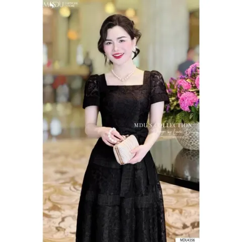 Đầm Thiết Kế Chất Ren Kén Tằm Dệt Khoang Chỉ Dáng Xoè  Hàng có sẵn giao ngay M Size SM Màu đen Giá 380k Đúp lót 2 lớp