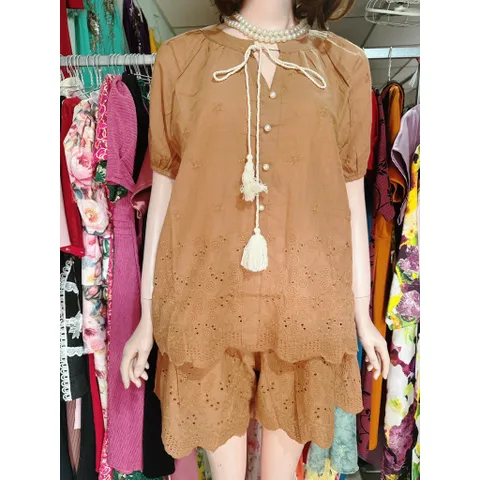 Set Thô Boy Áo Cổ Tròn Phối Dây Chuông Mix Quần Đùi Viền Ren Siêu Xinh (Ảnh Thật ) Hang có sẵn giao ngay SM Size SM