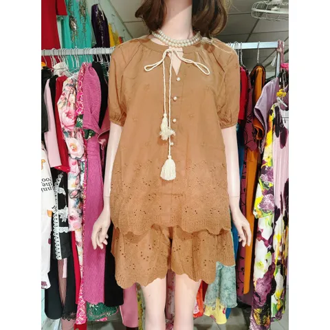 Set Thô Boy Áo Cổ Tròn Phối Dây Chuông Mix Quần Đùi Viền Ren Siêu Xinh (Ảnh Thật ) Hang có sẵn giao ngay SM Size SM