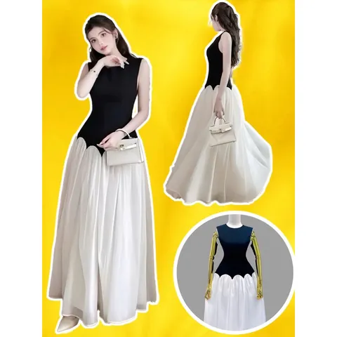 Đầm maxi công chúa xoè dài phối voan tùng rộng cổ tròn sát nách eo gợn sóng đi biển dự tiệc dạo phố Hàng có sẵn giao