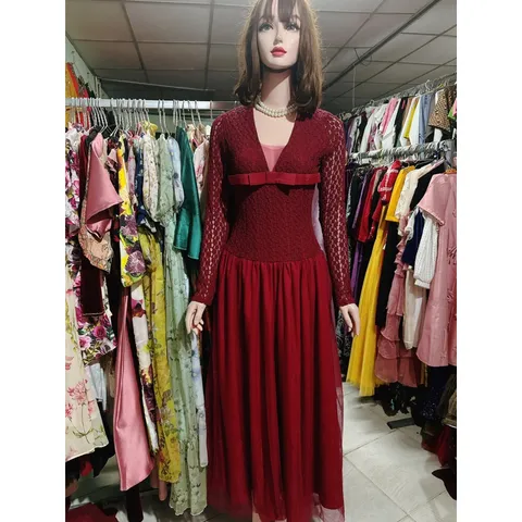 Đầm Ren Tay Dài Dáng Xoè  phối nơ ngực cổ V lưới 2 lớp, Ren co giãn Hàng có sẵn giao ngay Size SM Chất liệu ren cao cấp