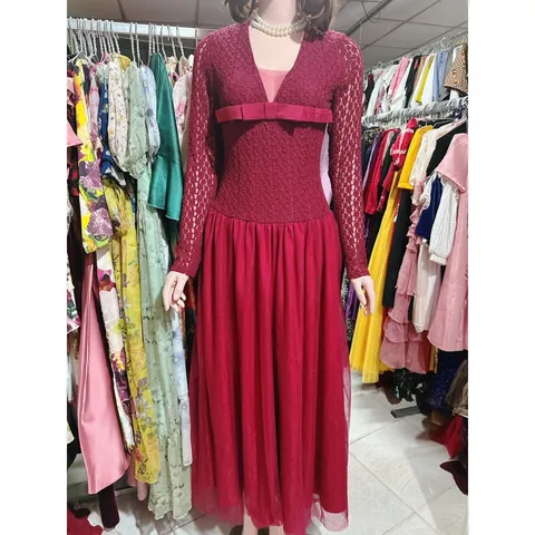 Đầm Ren Tay Dài Dáng Xoè  phối nơ ngực cổ V lưới 2 lớp, Ren co giãn Hàng có sẵn giao ngay Size SM Chất liệu ren cao cấp