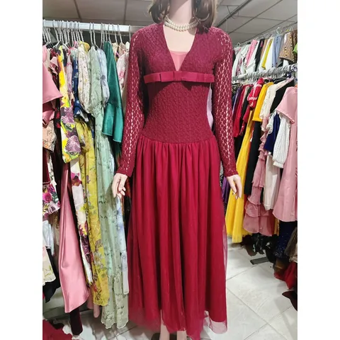 Đầm Ren Tay Dài Dáng Xoè  phối nơ ngực cổ V lưới 2 lớp, Ren co giãn Hàng có sẵn giao ngay Size SM Chất liệu ren cao cấp