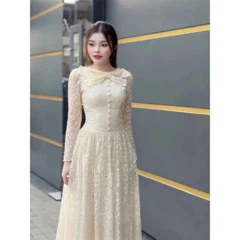 Đầm dự tiệc sang trọng chất ren chỉ thêu cao cấp dài tay ,đính nút bọc cổ tròn đính nơ thiết kế dáng dài maxi dài l