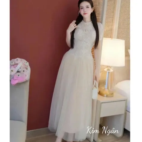 Đầm thiết kế dáng xoè dành cho nữ đi tiệc, đi làm váy nàng thơ dáng dài,đầm ren tiểu thư sang chảnh phối chân váy