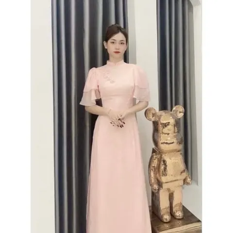 Áo dài đính hoa nổi Hàng có sẵn giao ngay XL Giá 290k/ áo dài , quần 100k/ quần Màu cam sữa