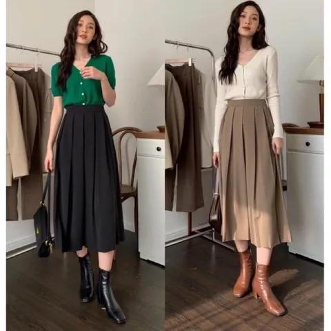 Chân Váy xếp ly dài vừa chữ A cạp cao ,dễ phối  Có sẵn màu xám và đỏ Đủ size tới 2XL, dưới 70kg mặc đẹp Hàng có sẵn