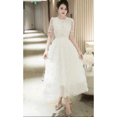 Đầm Thiết Kế Ren Hoa Dáng Dài Nữ Sang Chảnh Đi Tiệc Phong Cách Tiểu Thư Có màu kem và trắng Hàng có sẵn giao ngay L