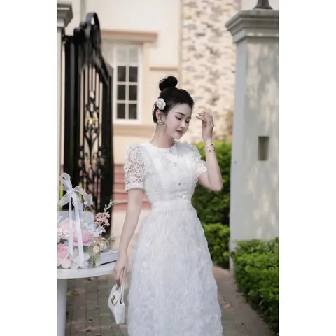 Đầm Thiết Kế Ren Hoa Dáng Dài Nữ Sang Chảnh Đi Tiệc Phong Cách Tiểu Thư Có màu kem và trắng Hàng có sẵn giao ngay L