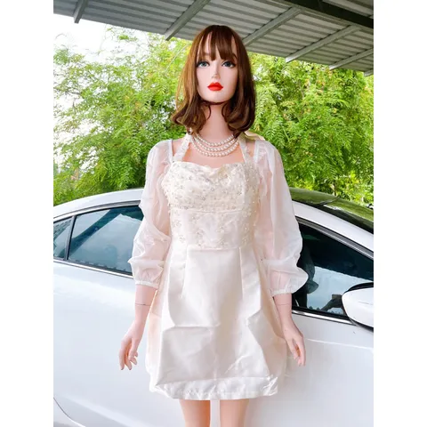 Váy Tafta Dài Tay Phối Hoa Đính Ngọc Dây Buộc Cổ (kèm ảnh thật) Giá 330k Hàng có sẵn giao ngay L Chất liệu tapta