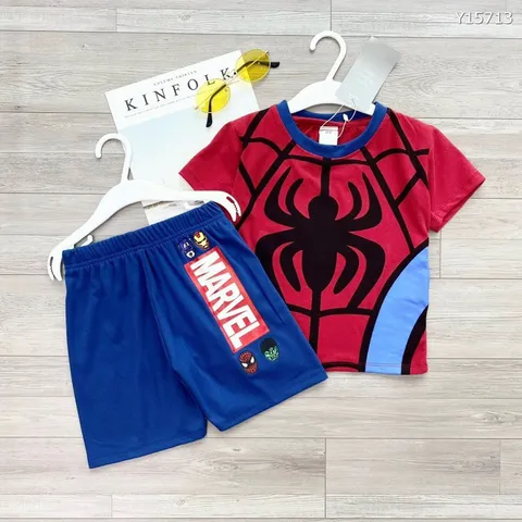 BỘ ĐÙI BÉ TRAI NHÊN ĐỎ PHỐI XANH BỘ NHỆN MARVEL  CHẤT COTTON 100% LÀ CỰC PHẨM  Size 160 trên 30kg mặc Giá 160k/ cả bộ