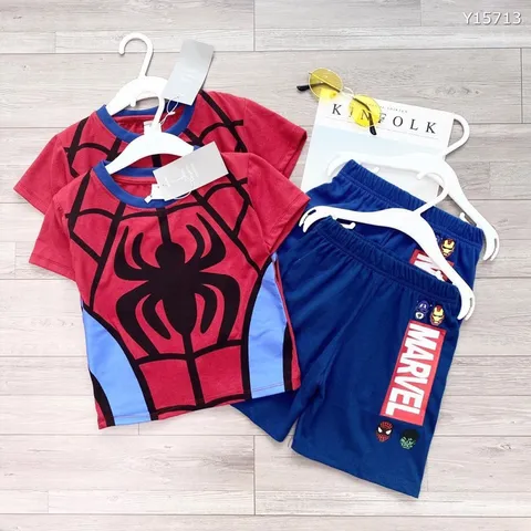 BỘ ĐÙI BÉ TRAI NHÊN ĐỎ PHỐI XANH BỘ NHỆN MARVEL  CHẤT COTTON 100% LÀ CỰC PHẨM  Size 160 trên 30kg mặc Giá 160k/ cả bộ