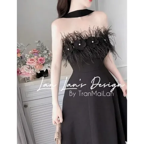 Đầm maxi nữ dự tiệc sang trọng chất tapta cúp ngực dây cổ phối lông vũ ngực dáng váy chữ A dài maxi,cúp ngực lông vũ