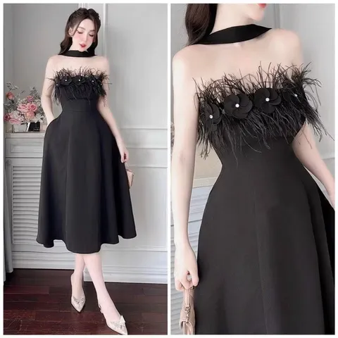 Đầm maxi nữ dự tiệc sang trọng chất tapta cúp ngực dây cổ phối lông vũ ngực dáng váy chữ A dài maxi,cúp ngực lông vũ