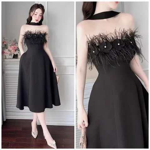 Đầm maxi nữ dự tiệc sang trọng chất tapta cúp ngực dây cổ phối lông vũ ngực dáng váy chữ A dài maxi,cúp ngực lông vũ