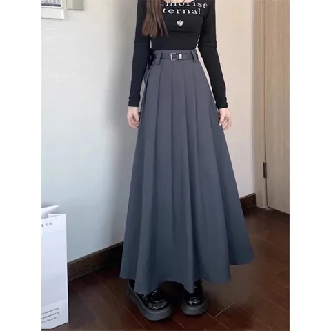 chân váy dập ly màu xám dáng dài