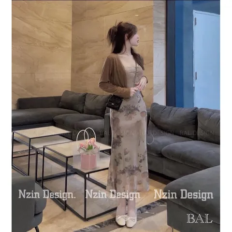 set gồm áo khoác kèm đầm hoa siêu đẹp