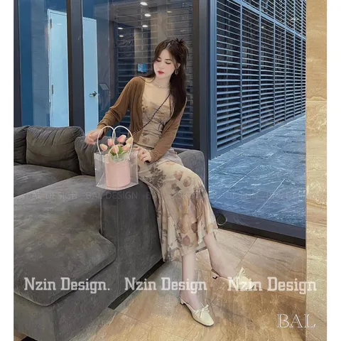 set gồm áo khoác kèm đầm hoa siêu đẹp