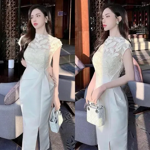 Đầm body dự tiệc tiểu thư tay ngắn phối ren thiết kế xẻ tà nhấn eo sang chảnh kèm mẫu chụp thật Hàng có sẵn giao ngay