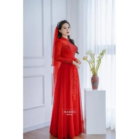 Áo dài cưới cô dâu hàng thiết kế màu đỏ phối ren lưới,kết hạt đá pha lê cao cấp