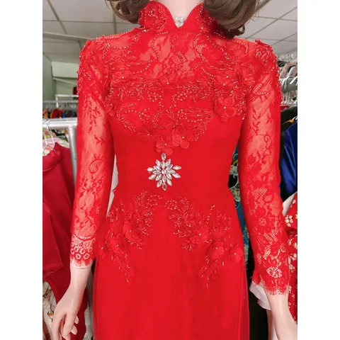 Áo dài cưới cô dâu hàng thiết kế màu đỏ phối ren lưới,kết hạt đá pha lê cao cấp
