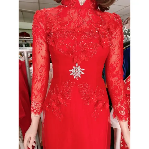 Áo dài cưới cô dâu hàng thiết kế màu đỏ phối ren lưới,kết hạt đá pha lê cao cấp