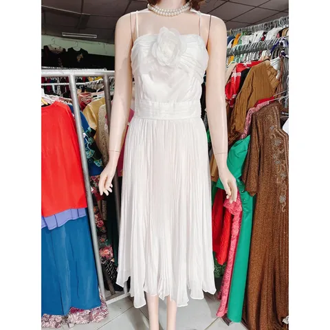 Đầm Xòe Hai Dây Dự Tiệc Tùng Váy Xếp Ly, Sang Trọng  Hàng có sẵn giao ngay L Màu trắng, đúp lót 2 lớp Hàng chính chủ