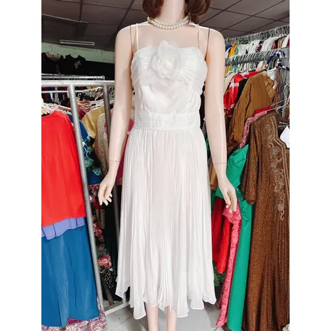 Đầm Xòe Hai Dây Dự Tiệc Tùng Váy Xếp Ly, Sang Trọng  Hàng có sẵn giao ngay L Màu trắng, đúp lót 2 lớp Hàng chính chủ
