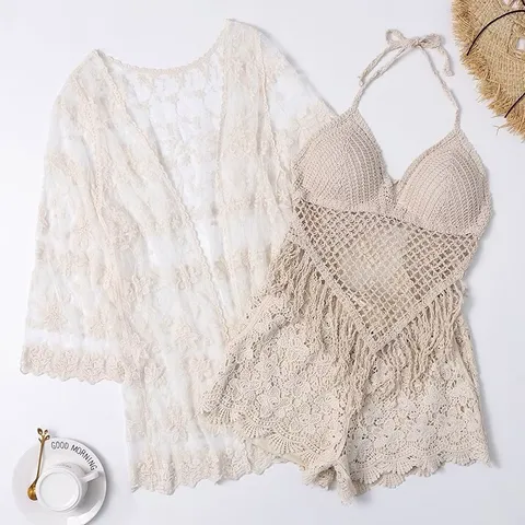 Set ren đi biển màu kem siêu đẹp Áo choàng giá 200k Áo bra giá 150k Quần ren giá 200k Set cả 3 chi tiết giá 399k