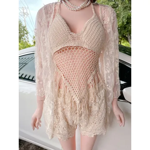 Set ren đi biển màu kem siêu đẹp Áo choàng giá 200k Áo bra giá 150k Quần ren giá 200k Set cả 3 chi tiết giá 399k