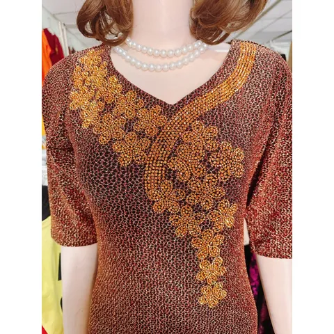Đầm Body Trung Niên Kim Tuyến ép đá Tay Lỡ  Tinh Tế Dự Tiệc - Màu Đỏ vàng ánh kim + màu vàng ánh kim Giá 290k