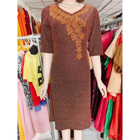 Đầm Body Trung Niên Kim Tuyến ép đá Tay Lỡ  Tinh Tế Dự Tiệc - Màu Đỏ vàng ánh kim + màu vàng ánh kim Giá 290k