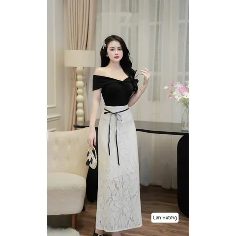 Set áo kèm chân váy ren , set áo có thể mặc lên vai hay trễ vai đều đẹp mix chân váy ren siêu sang chảnh Hàng coa sẵn