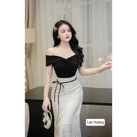 Set áo kèm chân váy ren , set áo có thể mặc lên vai hay trễ vai đều đẹp mix chân váy ren siêu sang chảnh Hàng coa sẵn