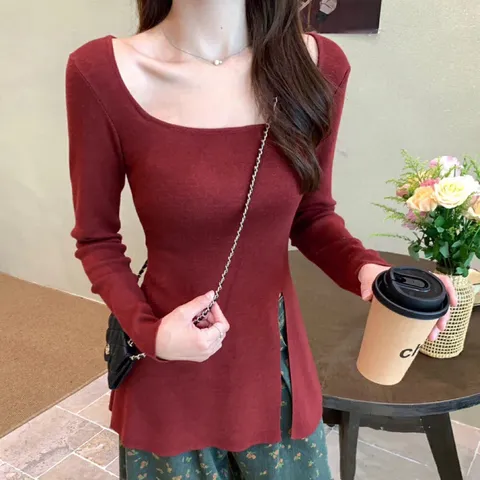 Áo thun cotton dài tay xẻ tà nữ kiểu Pháp dáng rộng chiều dài vừa phải Hàng có sẵn giao ngay Màu đỏ Giá 190k